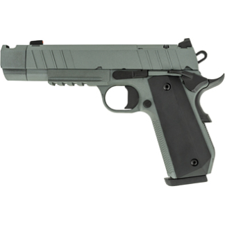 Side view of a semi-automatic pistol with a green frame and black grip (profile).
