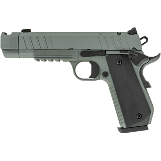 Side view of a gray semi-automatic pistol with a black grip, shown in profile on a white background.