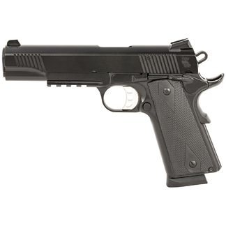 Side view of a black semi-automatic pistol with a textured grip on a white background.