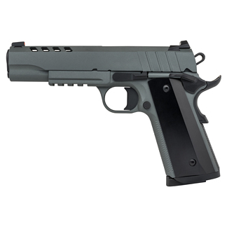 Right-facing view of a semi-automatic pistol with a gray slide and black grip.