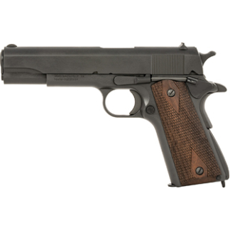 Semi-automatic pistol shown in right-side profile with brown checkered grips and black slide