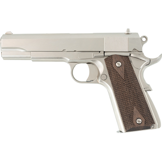 Silver semi-automatic pistol with a brown checkered grip, viewed from the side.