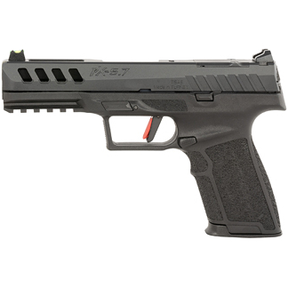 Side view of a black semi-automatic pistol with a textured grip and accessory rail on a white background.