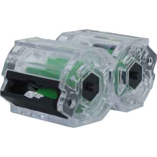 Clear plastic electrical connector housing with green internal components and a black contact area