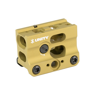 Gold anodized Unity Tactical mounting accessory with screws and an adjustment dial, used to attach optics.