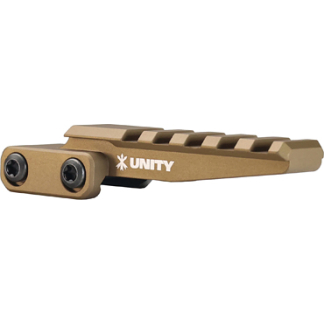 Gold-colored Unity rail mount with two circular holes at the left, an accessory for attaching optics or other gear to a firearm.