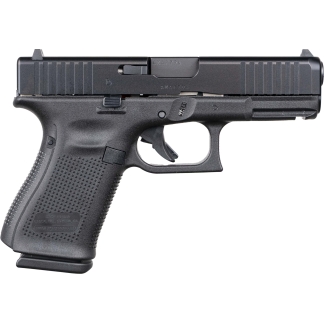Side view of a black semi-automatic handgun with a textured grip and visible trigger, magazine base protruding at the bottom.