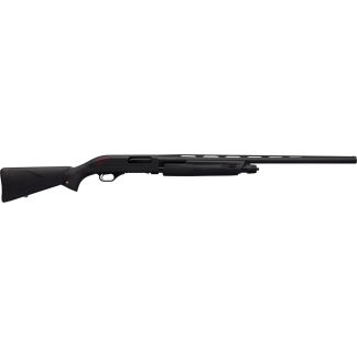 Side view of a black pump-action shotgun with a long barrel and textured stock.