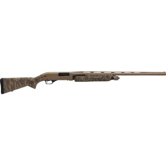 Pump-action shotgun with tan finish and camouflage stock, extended barrel for hunting or target shooting.