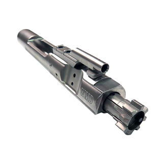 Close-up of disassembled firearm bolt and barrel assembly on a white background