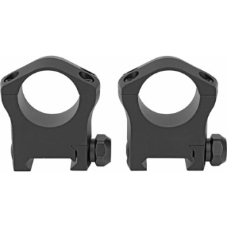 Pair of black scope rings with mounting clamps for attaching a rifle scope.