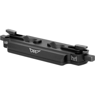 Low-profile black Picatinny rail mount for attaching optics to a firearm with two clamp sections and side logos.