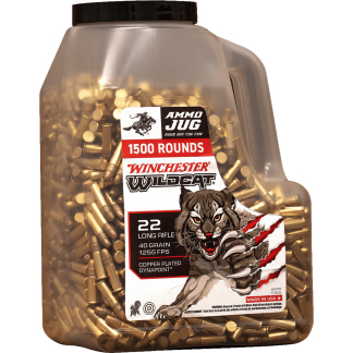 Plastic jug filled with .22 LR ammunition (1500 rounds) labeled Winchester Wildcat with a snarling cat artwork and specs: 40 grain, 1255 FPS, copper‑plated.