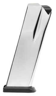 Chrome handgun magazine with black baseplate, viewed from the side in portrait orientation.