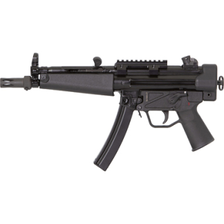 Black semi-automatic rifle with a curved magazine and Picatinny rails along the top, shown in profile.
