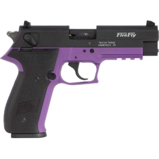 Semi-automatic pistol replica with purple frame and black slide, FireFly branding on the slide