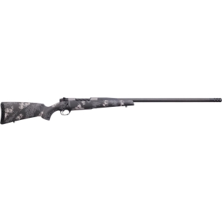 Bolt‑action hunting rifle with gray camouflage finish and a long carbon-fiber-looking barrel laid horizontally