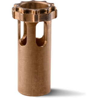 Copper cylindrical metal component with a gear-like top flange and two large side cutouts