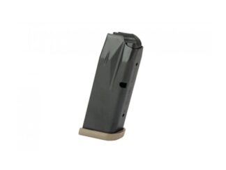 Black pistol magazine with a tan baseplate, positioned upright on a white background, angled to the right.