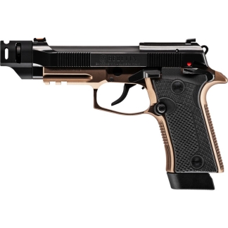 Two-tone semi-automatic pistol with black slide and tan grip, facing left (Beretta model visible).