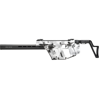 Kriss Vector semiautomatic carbine with white-gray geometric camouflage and a black modular stock, shown in profile