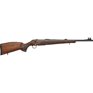 Bolt-action rifle with a polished wooden stock and checkered grip, viewed from the side.