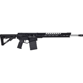 Black AR-style rifle with collapsible stock, textured magazine, and long rail handguard seen from the side.