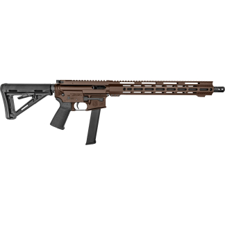 Brown AR-style semi-automatic rifle with collapsible black stock, pistol grip, long ventilated handguard, and a detachable magazine viewed from the side.