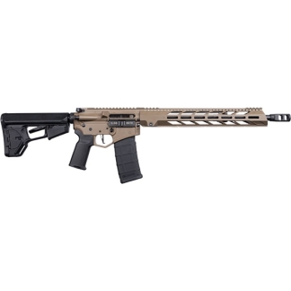 Tan and black AR-style rifle with a collapsible stock and perforated handguard lying horizontally