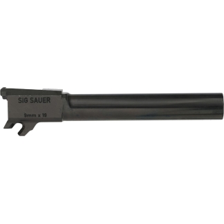 Close-up of a SIG SAUER handgun barrel with '9mm x 19' marking, black metal, extending to the right