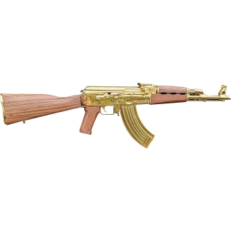Gold-plated AK-47-style assault rifle with wooden stock and grip, shown in profile.