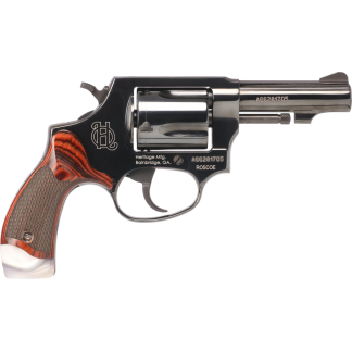 Side view of a polished revolver with a wooden grip and engraved markings on a white background.
