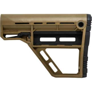 Tan adjustable rifle stock with skeletal frame, shown from the side