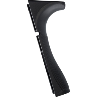 Black handheld ice scraper with a curved grip and flat blade for removing ice from a windshield