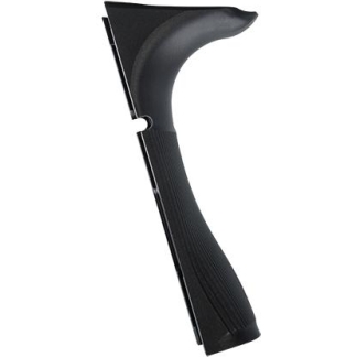 Black plastic-handled scraper with a curved grip and angled blade for scraping surfaces securely in use.
