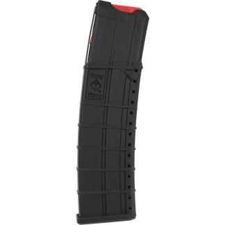 Black polymer detachable rifle magazine with an orange follower, tall curved body and visible cartridge feed lips on the top edge