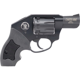 Compact black revolver with textured grip and a short barrel, facing right.