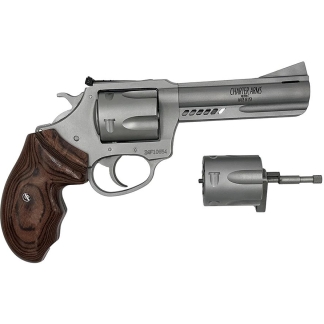 Side view of a silver revolver with a wood grain grip and a separated muzzle attachment next to it, labeled Charter Arms.