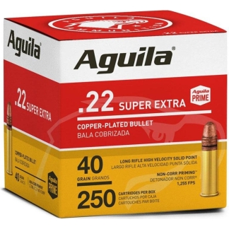 Box of Aguila .22 caliber Super Extra copper-plated bullets with 250 rounds in a yellow-and-red box—40 grain, long rifle ammunition