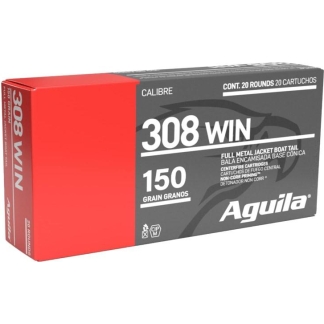 Box of Aguila 308 Win ammunition, 150 grain full metal jacket, containing 20 rounds (20 cartridges)