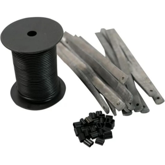 Spool of black cord with several flat, hole-ended metal bars and many small black crimps, a DIY craft kit likely for beading or stringing.