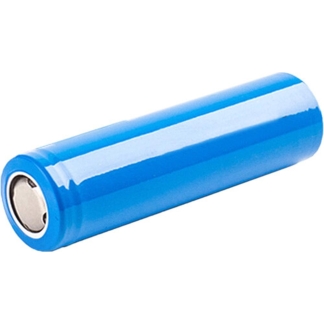 Blue cylindrical rechargeable battery cell on a white background, shown from the side on its lengthwise axis.