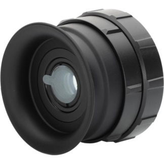 Black compact camera lens viewed from the side with a wide front element and ridged rear ring.