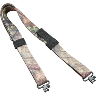 Two-tone camouflage camera strap with quick-release metal clips and adjustable buckles for secure wear.