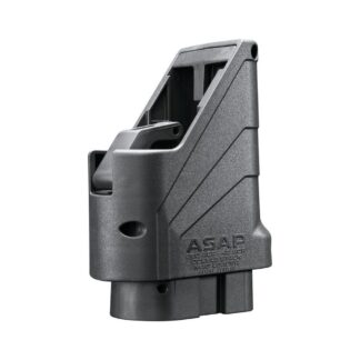 Gray polymer pistol magazine with a wide base, angled body, and textured surface (ASAP)