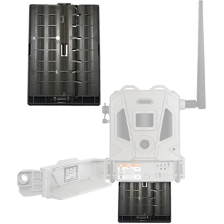 White drone accessory with two black battery modules attached to a central white unit and a vertical antenna.