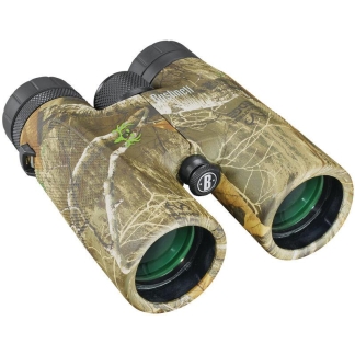 Camouflage binoculars with green lenses and a central focus wheel, viewed from an angled side.