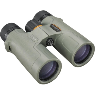 Olive-green binoculars with black eyepieces and a central focusing wheel, shown at an angle for viewing outdoor scenes.