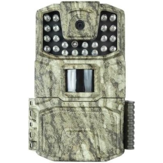 Camouflage wildlife trail camera with lens, motion sensor, and infrared LEDs for night monitoring.
