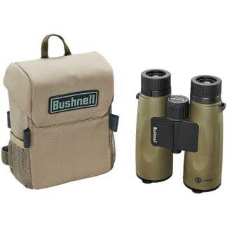 Olive-green binoculars beside a tan Bushnell carrying case with a top handle and side mesh pocket behind them.